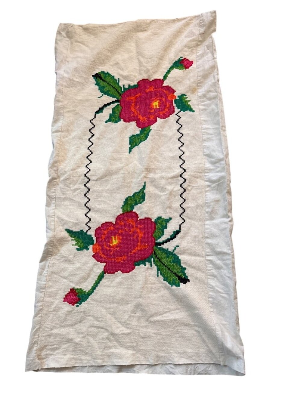 Handcrafted Cross Stitch Embroidery Red Roses Pillow Cases Vintage 38" X 19"